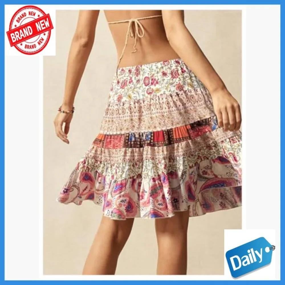 Boho Paisley A-Line Skirt Tie Front Flowy Summer Casual Knee-Length
